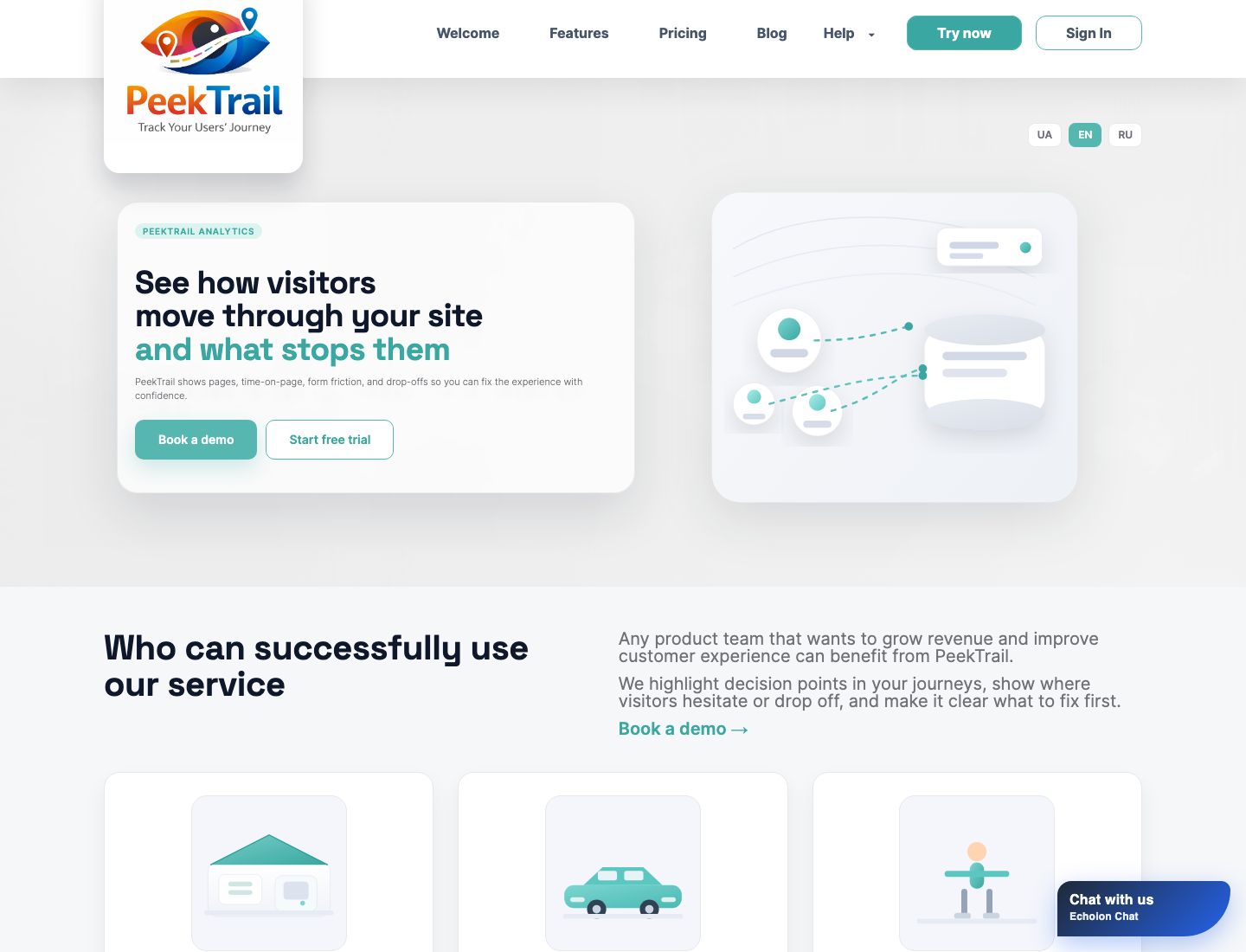 PeekTrail analytics landing page preview